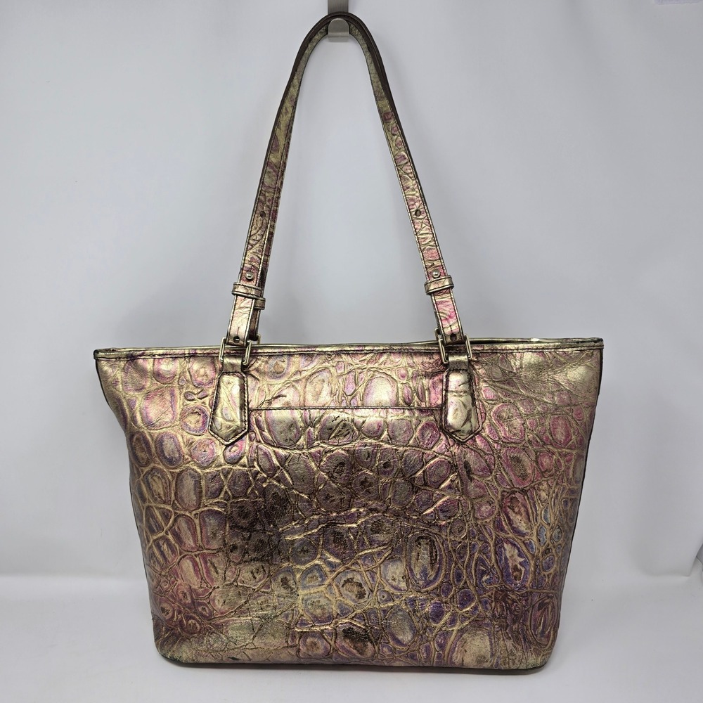 Brahmin Medium Asher Handbag Metallic Gold Purple Croc Tote Bag Purse READ - Picture 2 of 16